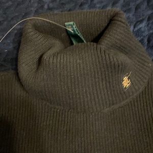 RalphLauren turtleneck sweater, long sleeve black with white stripes, one gold